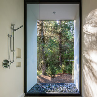 Immagine di una stanza da bagno minimalista con doccia alcova, pareti beige, pavimento in cemento, pavimento grigio e doccia aperta