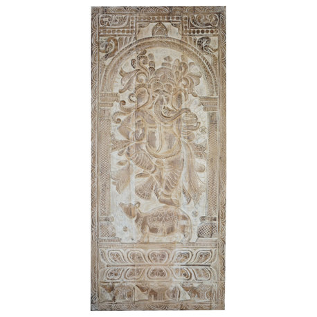 Consigned Vintage Carved Doors Standing Ganesha on Mouse Wall Sculpture