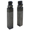 Chinese Black Gray Stone Fengshui Foo Dogs Tall Slim Pole Statues, 2 Piece Set