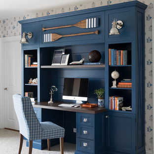 Photo of a traditional home office in Gold Coast - Tweed with white walls, carpet, no fireplace, a built-in desk and beige floor.