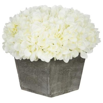 Artificial White Hydrangea in Grey-Washed Wood Cube