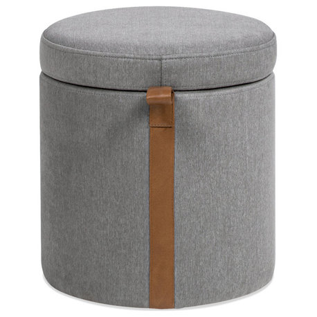 Brandy 14" Round Upholstered Storage Ottoman, Uptown Gray Stain Resistant Polyester