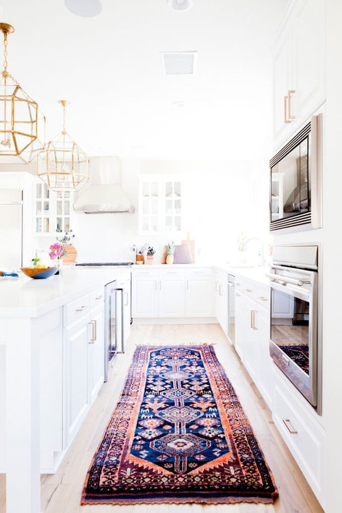 Durable kitchen rug with pop of color navy and raspberry
