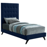 Meridian Furniture - Elly Velvet Upholstered Bed, Navy, Twin - Crawl into this cozy Elly navy velvet twin size bed for a restful night's sleep. The deep button tufting on its tall headboard provides a soft, pillowy surface to lean against for nighttime reading or watching TV. Supported by angled wood legs with an espresso finish, the side rails and footboard are also comfortably padded and upholstered. Contemporary styling ensures that this bed will integrate nicely into any existing decor.
