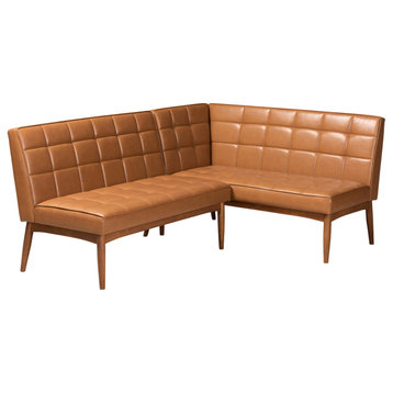 Devin Midcentury Modern 2-Piece Dining Banquette Seat, Tan Faux Leather