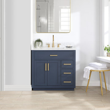 Gavino Vanity With Grain White Composite Stone Top, Royal Blue/Brushed Gold, 36", No Mirror