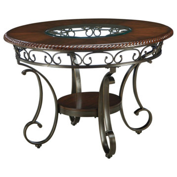 Classic Dining Table, Scroll Metal Legs With Round Glass Top & Lower Open Shelf