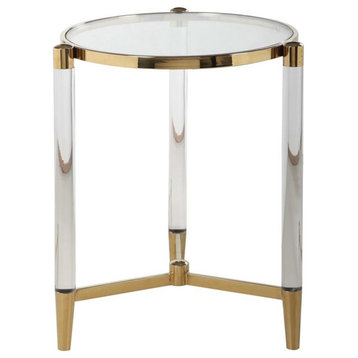 Maklaine 20" Round Tempered Glass Lamp Table in Clear/Brass Finish