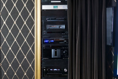 Inspiration for a mid-sized enclosed carpeted and multicolored floor home theater remodel in DC Metro with multicolored walls and a projector screen