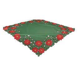 Xia Home Fashions - Holly Leaf Poinsettia Embroidered Cutwork Christmas Table Topper, 34"x34" - Tablecloths