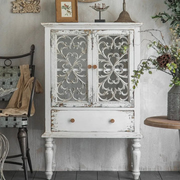 $738.99-Rustic Distressed White Carved Cabinet with 2 Glass Doors & 1 Shelf & 1
