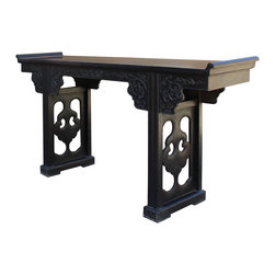 Chinese Brown Huali Rosewood Point Edge Relief Carving Altar Table - Console Tables