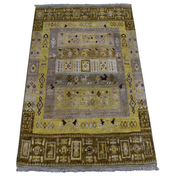 Yellow Pure Wool Kashkuli Gabbeh Pictorial Hand Knotted Oriental Rug , 2'8"x3'9"