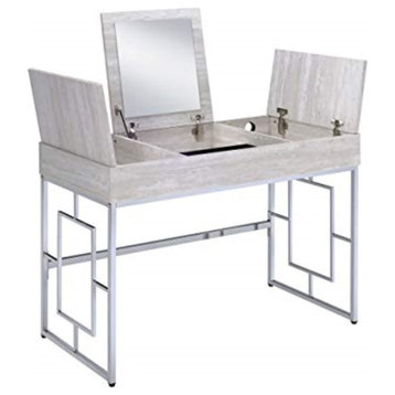 Vanity Table, Chrome Legs and 3 Hinged Top Compartments With Flip Up Mirror, Natural