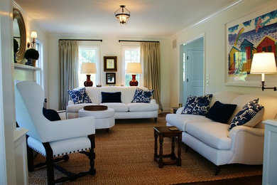 Inspiration for a mid-sized coastal enclosed dark wood floor living room remodel in New York with white walls, a standard fireplace and a wood fireplace surround