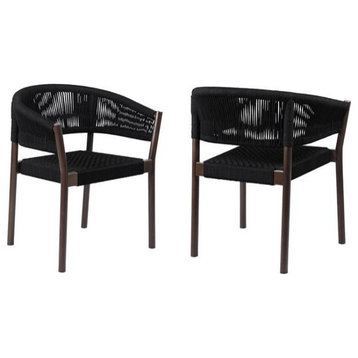 Doris Outdoor Dark Eucalyptus Wood and Black Rope Dining Chair Set of 2