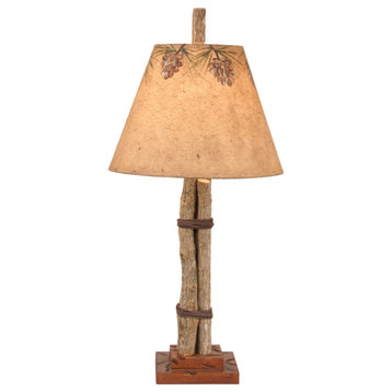 Small Twig and Leather Table Lamp With Pinecone Canopy Shade