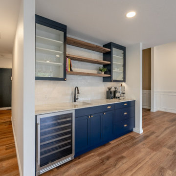 Navy Wet Bar with Wine Fridge and Open Wood Shelving