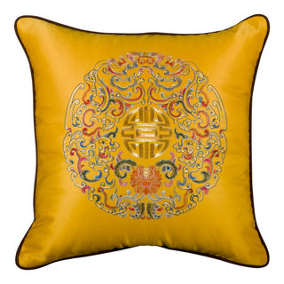 Gold Embroidered Longevity Motif Chinese Silk Pillow - Asian - Decorative Pillows - by China ...