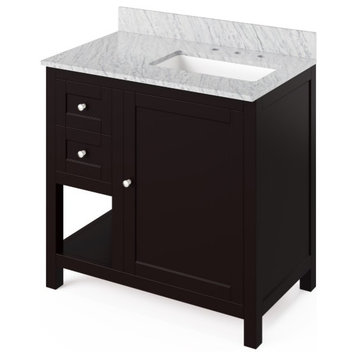 Astoria 36" Espresso Single Sink Vanity With Marble Top, Right Offset