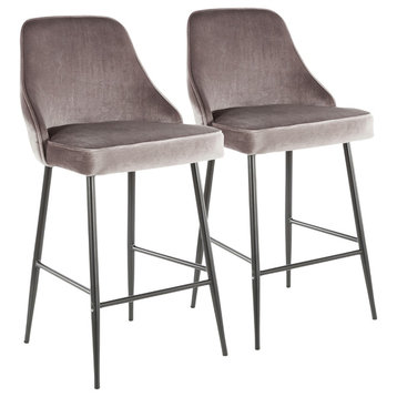 Lumisource Marcel Counter Stool, Black Metal and Silver Velvet, Set of 2