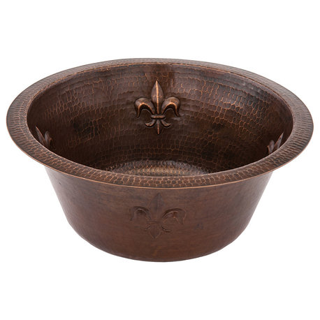 16" Round Copper Bar Sink With Fleur De Lis and 2" Drain Size, 3.5"