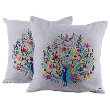 Novica Handmade Divine Peacock In Grey Embroidered Cotton Cushion Covers (Pair)