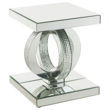Contemporary End Table, Unique Geometric Support With Faux Diamond Inlay, Silver