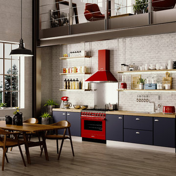 Retro Smeg Kitchen with Red Appliances and Blue Cabinets