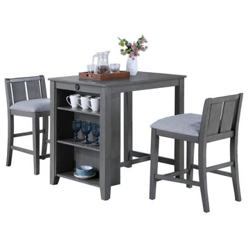 Graham 3-Piece Small Space Counter Height Dining Table, Shelves, 2 Chairs, Gray