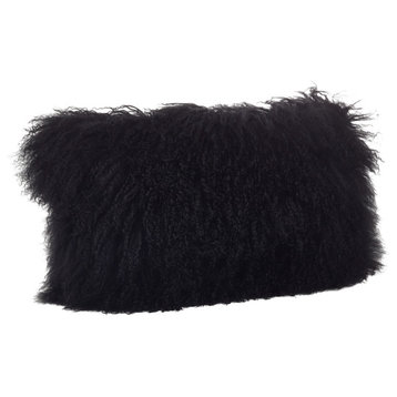 Mongolian Lamb Fur Poly Filled Throw Pillow, Black, 12"x20"