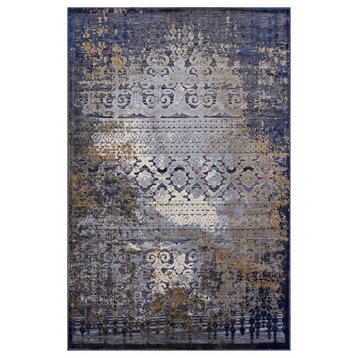 Country Farm Living Area Rug, Distressed Vintage, Multi/Blue