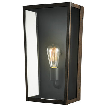 1-Light Matte Black and Faux Wood Outdoor Wall Sconce