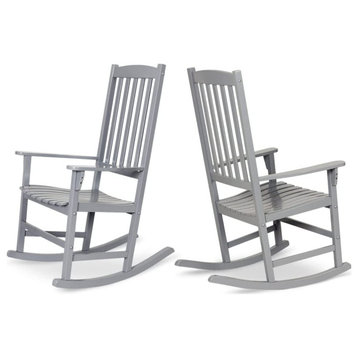 2 Pack Patio Rocking Chair, Mahogany Wood Frame and Slatted Seat, Slate Gray