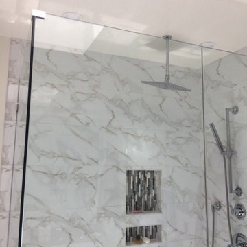 Inserted Wall Shelves And Rainshower Shower Head For Bathroom Remodeling