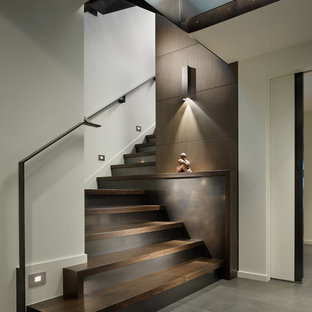 Foto de escalera contemporánea con escalones de madera y contrahuellas de metal