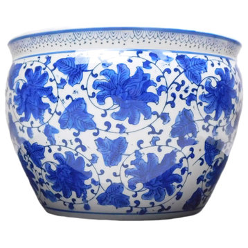 Blue and White Porcelain Jardiniere, Indoor/Outdoor Use, 14"