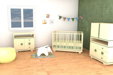 Kleines, Neutrales Modernes Kinderzimmer mit Schlafplatz, weißer Wandfarbe, Laminat und braunem Boden in Hannover