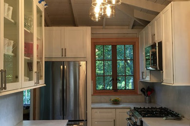 Example of a small farmhouse u-shaped medium tone wood floor enclosed kitchen design in New York with a double-bowl sink, recessed-panel cabinets, white cabinets, concrete countertops, gray backsplash, cement tile backsplash, stainless steel appliances and no island
