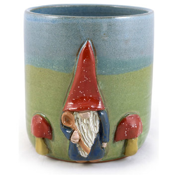 Handmade Stoneware Pottery Spoon Jar with Garden Gnome Motif