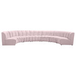 Meridian Furniture - Infinity Channel Tufted Velvet Modular Chair, Pink, 7 Piece - Create a seating group that works for every possible situation with this Infinity modular 7-piece sectional and other pieces in the Infinity collection. Upholstered in soft pink velvet material that feels great against the skin and offers long-wearing beauty, this piece fits with other Infinity items for an infinite number of combinations that get your seating requirements just right but that look just as nice when used on their own.
