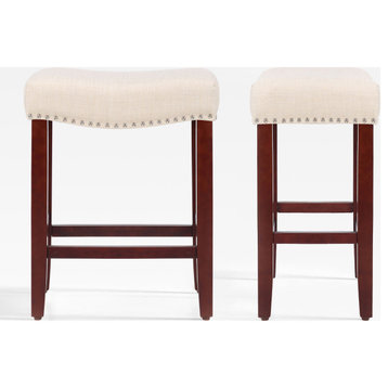 WestinTrends 2PC 24" Upholstered Saddle Seat Counter Height Stool Set, Bar Stool, Cherry/Beige