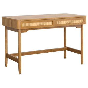 Modern Desk, Rubberwood Legs With Storage Drawers & Cut Out Pulls, Light Honey