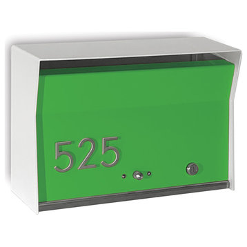 RetroBox Locking Modern Wall Mounted Mailbox, in Arctic White & Lime Green