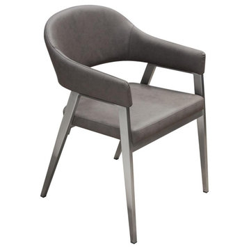 Set of 2 Dining/Chairs, Gray Leatherette With Brushed Stainless Steel Leg