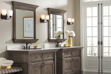 Bathroom - mid-sized mediterranean master bathroom idea in Baltimore with gray cabinets, beige walls and recessed-panel cabinets