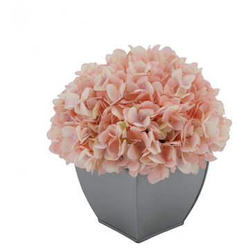 Artificial Hydrangea in Silver Tapered Zinc Cube, Pink