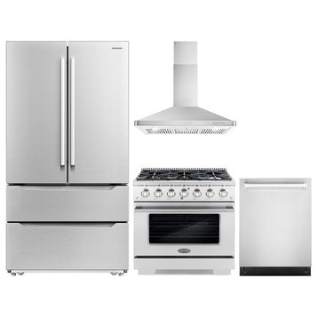 4PC 36" Gas Range 36" Range Hood 24" Dishwasher & Refrigerator