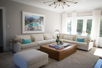 Inspiration for a mid-sized modern formal and open concept dark wood floor living room remodel in New York with gray walls