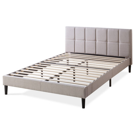 Contemporary Platform Bed with Low Square Tufted Headboard & No Box Spring, Beige, Queen